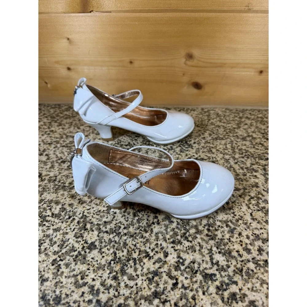 Little Angel Girls White Patent Mary Jane Rhinestone Kitten Heels Dress Shoes